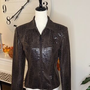 Elegant Croc-Embossed Faux Leather Jacket in Rich Brown